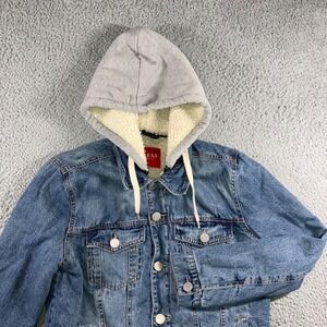 Guess Denim Trucker Jacket‎ Men Small Sherpa Lined Hooded Button Front
